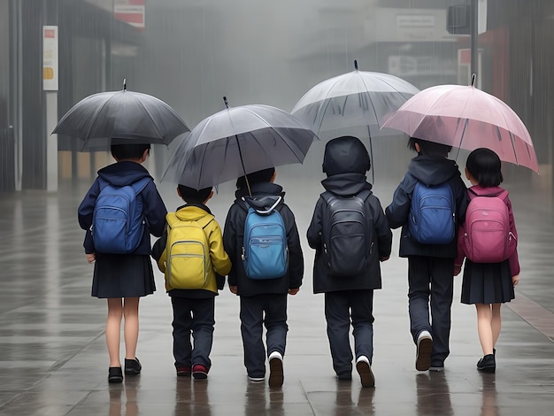 Giorno di pioggia che va a scuola