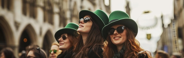 Giorno di San Patrizio Gruppo di giovani donne con cappelli verdi sulla strada Banner