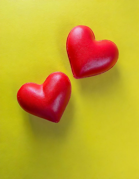 Giorno di San Valentino due forma di cuore rosso su sfondo giallo con spazio di copia