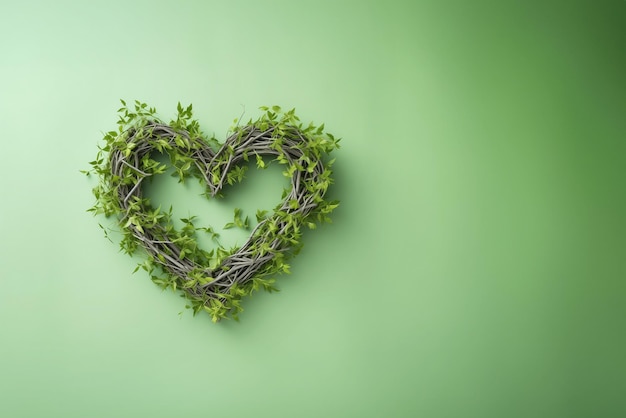 Giorno di San Valentino rami di alberi naturali a forma di cuore con fogliame verde fresco cartolina postale con spazio vuoto su sfondo verde AI generativa