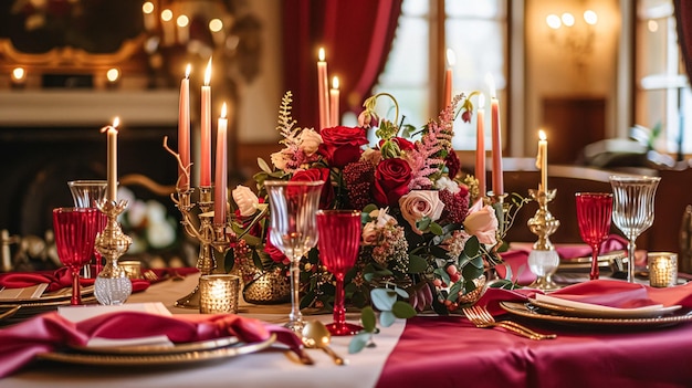 Giorno di San Valentino tavolo paesaggio e decorazione del tavolo tavolo romantico con fiori cena formale e data bellissime posate e stoviglie