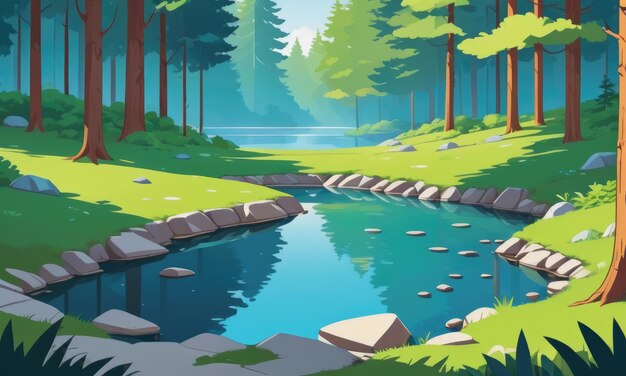 Giorno di sole in una foresta verde con un lago blu. Illustrazione di cartoni animati di acqua dolce limpida.