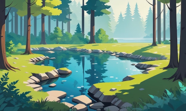 Giorno di sole in una foresta verde con un lago blu. Illustrazione di cartoni animati di acqua dolce limpida.