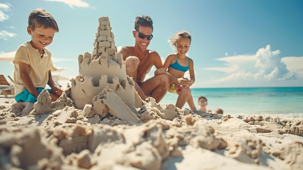 Giorno di spiaggia in famiglia I bambini costruiscono castelli di sabbia e i genitori si rilassano