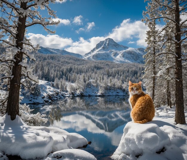 Giorno internazionale del gatto e un gatto si siede su una roccia nella neve