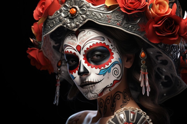 Giorno messicano dei morti 3D illustrato Bella donna in abiti tradizionali con teschio