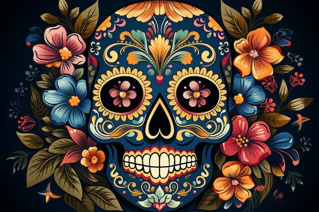Giorno messicano dei morti dia de los muertos sfondo colorato con teschio
