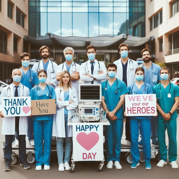 Giorno nazionale dei medici Illustrazione di sfondo Dottore in piedi davanti alla sua squadra in ospedale