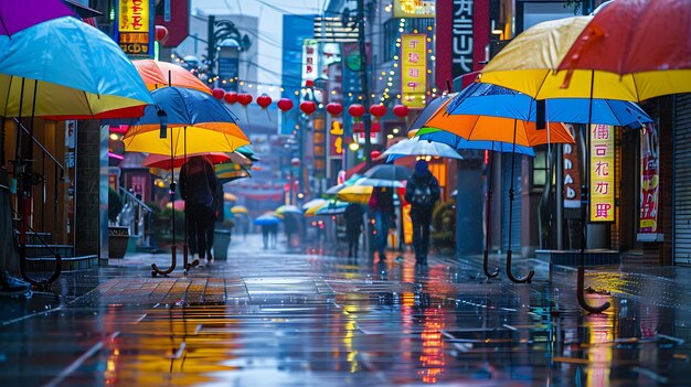 Giorno piovoso in città La gente cammina con i loro ombrelli Gli ombrelli colorati creano una bella scena