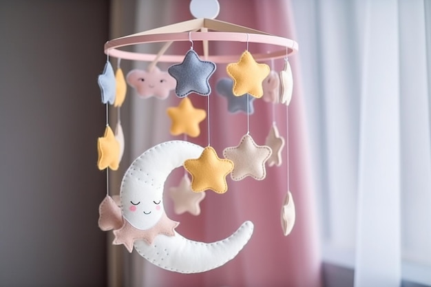 Giostrina per culla con stelle, nuvole e luna Giocattoli fatti a mano per bambini sopra la culla del neonato Primi giocattoli ecologici per bambini realizzati in feltro e legno su sfondo grigio Immagine generata dall'AI