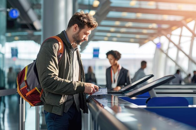 Giovane a bordo che scansiona con il biglietto all'aeroporto