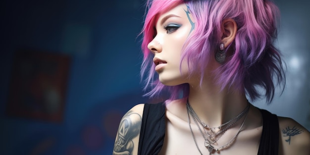 giovane adolescente con i capelli rosa e tatuaggi AI generativa