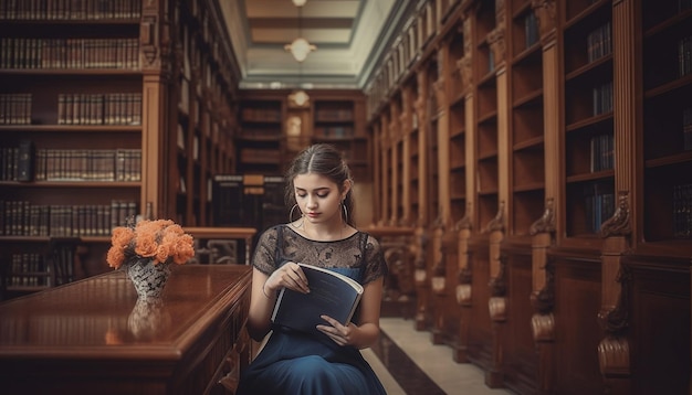 Giovane adulto che studia letteratura in biblioteca tenendo un libro di testo e sorridendo generato dall'intelligenza artificiale