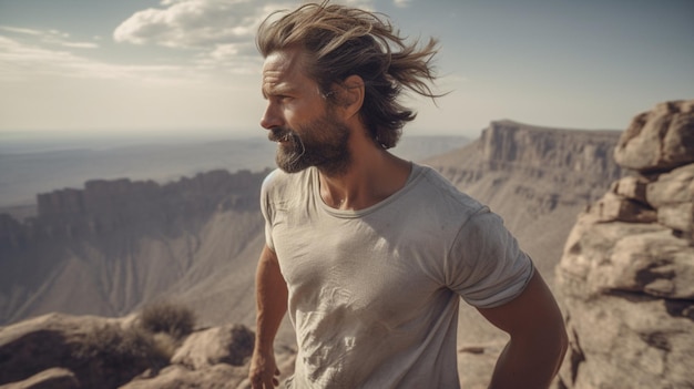 Giovane adulto con la barba che gode della felicità della libertà delle attività ricreative del cielo blu della campagna