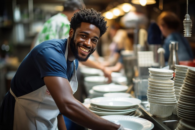 Giovane afro che lava i piatti in una cucina di un ristorante