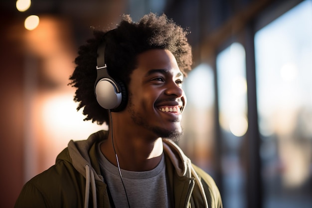 Giovane afroamericano che ascolta musica con le cuffie