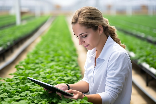 Giovane agricoltore attraente che utilizza la tecnologia dei tablet digitali in un ambiente di serra moderno