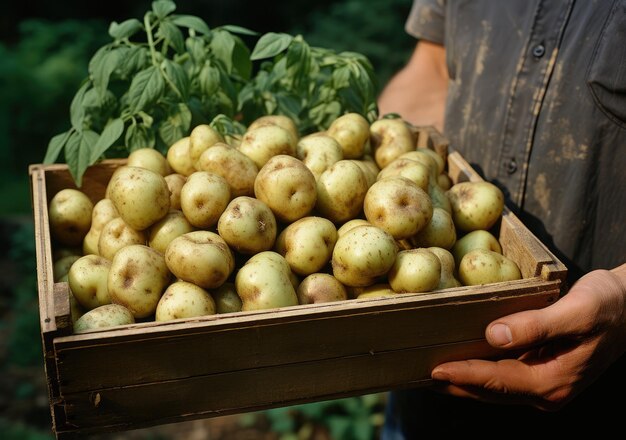 Giovane agricoltore con patate appena raccolte nel carrello Mano che tiene una scatola di legno con verdure in campo Generativa AI di verdure fresche biologiche