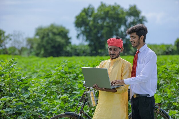 Giovane agronomo indiano che mostra alcune informazioni all'agricoltore nel computer portatile al campo di cotone