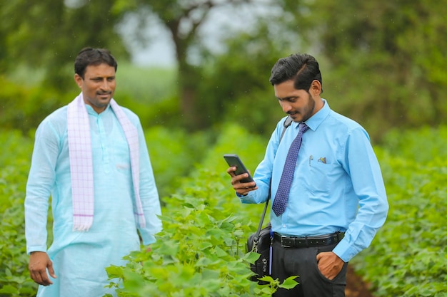 Giovane agronomo o banchiere indiano che mostra alcune informazioni all'agricoltore in smartphone nel campo agricolo.