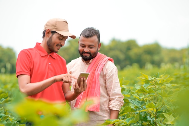 Giovane agronomo o banchiere indiano che mostra alcune informazioni all'agricoltore in smartphone nel campo agricolo.