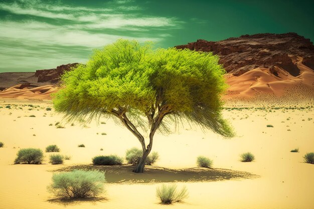 Giovane albero verde brillante solitario sullo sfondo di una grande roccia nel deserto