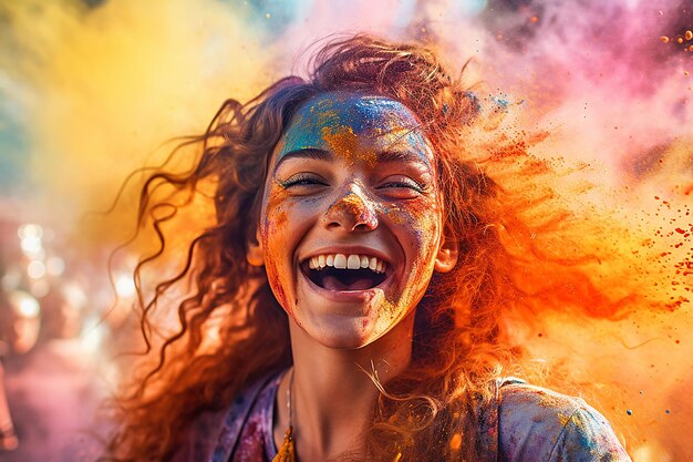 Giovane allegra che si diverte in una colorata esplosione di polvere di polvere alla festa del felice festival di Holi