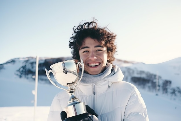 Giovane allegro che tiene un trofeo sullo sfondo delle montagne innevate