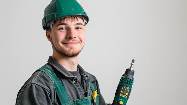 Giovane artigiano in abbigliamento da lavoro che posa con un trapano un professionista in un cantiere pronto per il lavoro un operaio qualificato amichevole con uno strumento AI