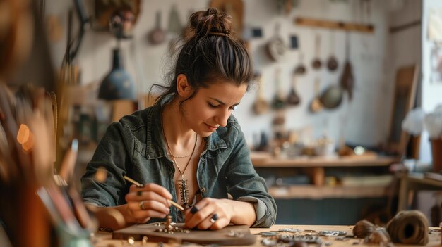 Giovane artista che lavora nel suo studio È concentrata sul suo lavoro e circondata dai suoi strumenti e materiali