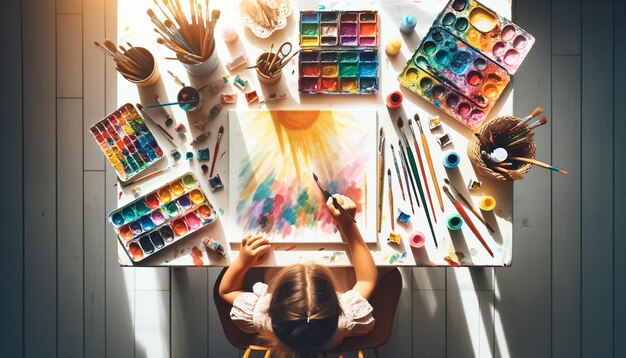 Giovane artista immerso nella luce del sole e nei colori della creatività