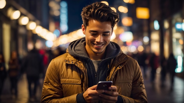 Giovane asiatico che usa e manda messaggi sullo smartphone mobile con una faccia sorridente generata dall'AI