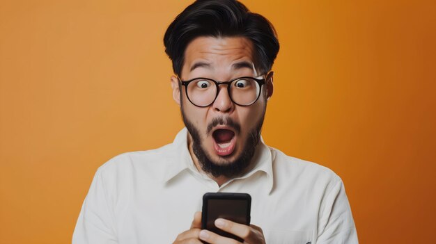 Giovane asiatico con la barba in camicia bianca e occhiali che guarda scioccato lo schermo del cellulare in primo piano