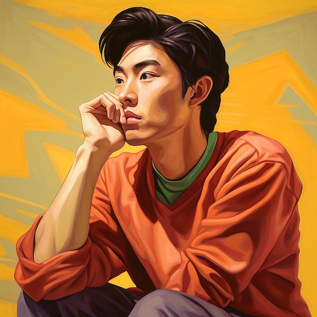 Giovane asiatico in pensiero e dubbi illustrazione personaggio hipster maschio con viso sognante su sfondo astratto Ai generato poster colorato disegnato luminoso