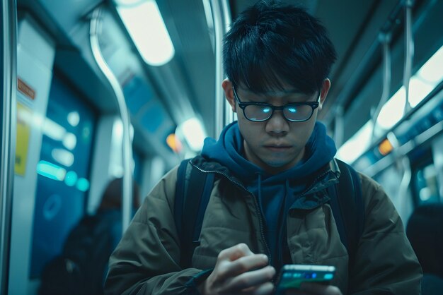 giovane asiatico usa il cellulare in metropolitana