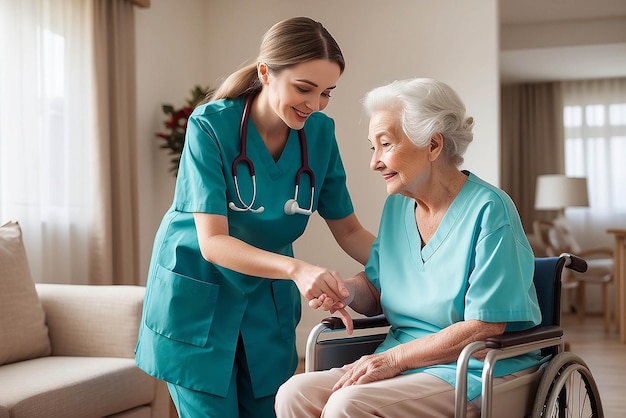 Giovane assistente che aiuta una donna anziana a camminare Infermiera che assiste la sua vecchia paziente in una casa di riposo Una donna anziana con un bastone che viene aiutata dall'infermiera a casa