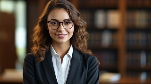 Giovane avvocato o avvocato femminile nel ritratto dell'ufficio che sorride e si rivolge alla macchina fotografica L'IA generativa