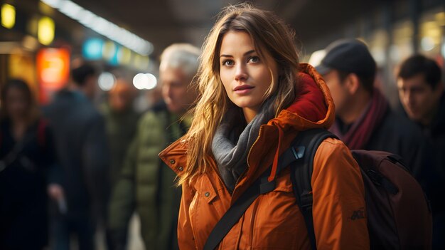 Giovane backpacker donna caucasica sulla piattaforma in attesa del treno della metropolitana nella stazione della metropolitana