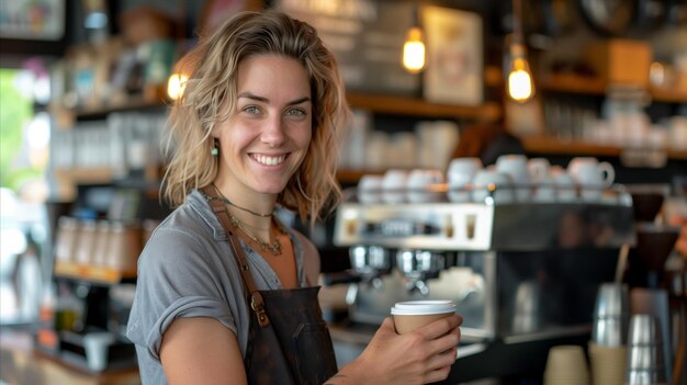 Giovane barista donna che serve caffè in un accogliente caffè