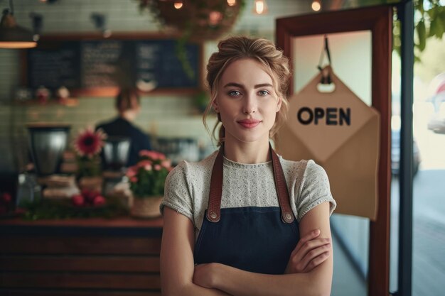 Giovane barista donna con il braccio incrociato con un cartello aperto in piedi davanti al caffè AI generativa