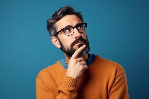 Giovane bell'uomo con la barba che indossa un maglione casual e occhiali su sfondo blu pensando preoccupato per una domanda preoccupata e nervosa con la mano sul mento
