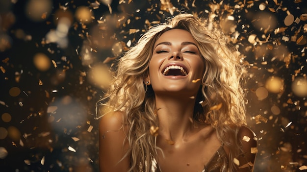 giovane bella bionda donna elegante festeggiando a una festa golden confetti vestito di lusso uscito sorridendo divertendosi