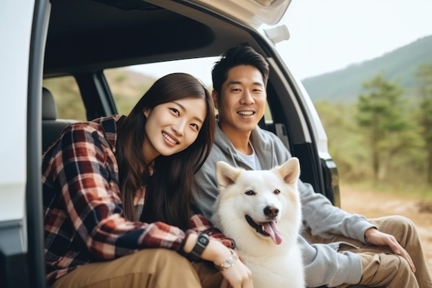 Giovane bella coppia asiatica con il cane che viaggia in auto in montagna per le vacanze estive