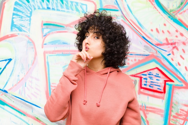 Giovane bella donna afro che chiede silenzio e tranquillità, gesticolando con un dito davanti alla bocca, dicendo shh o mantenendo un segreto contro il muro dei graffiti