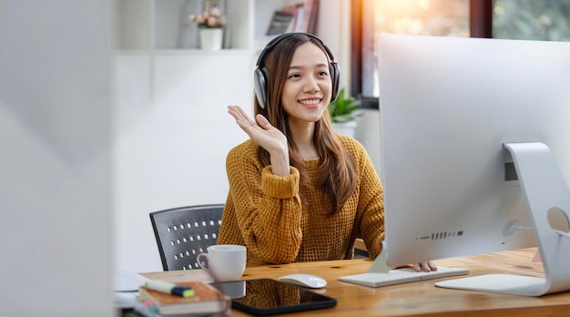 Giovane bella donna asiatica con cuffia seduta in ufficio a casa Evento di videochiamata con i clienti o chat personale con un amico tramite computer desktop