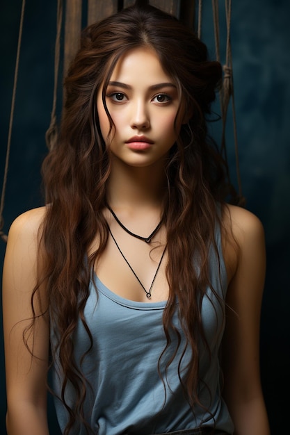 Giovane bella donna asiatica con stile di trucco coreano sul viso e pelle perfettamente pulita e bella