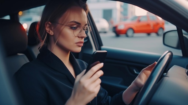 Giovane bella donna caucasica che guida un'auto nel traffico con il telefono in mano IA generativa