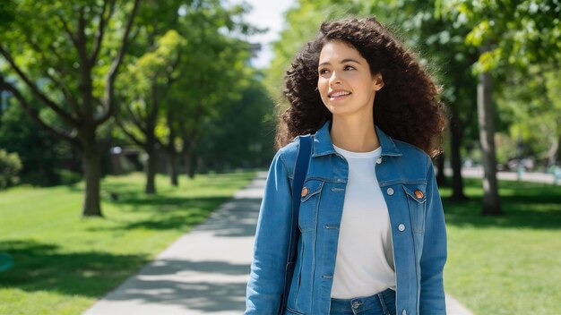 Giovane bella donna che cammina in un parco