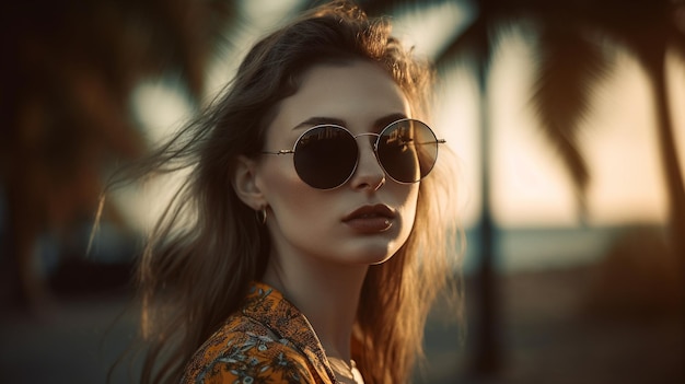 Giovane bella donna che indossa occhiali da sole alla moda sulla spiaggia IA generativa