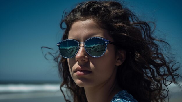 Giovane bella donna che indossa occhiali da sole alla moda sulla spiaggia IA generativa